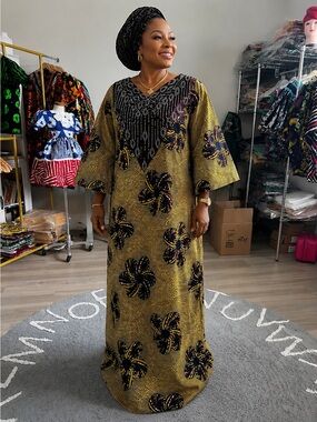 Elegant Brown African Print Maxi Dress with Black Accents